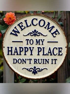 Rustic Metal Welcome Sign. Cream with Navy Text. NWT
